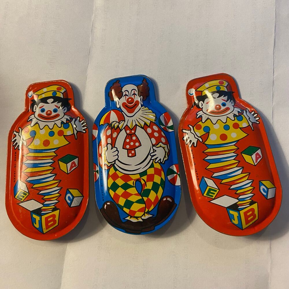 1960s Clickers (2) Clown & Jack In The Box Metal Made in Japan Vintage Works GUC